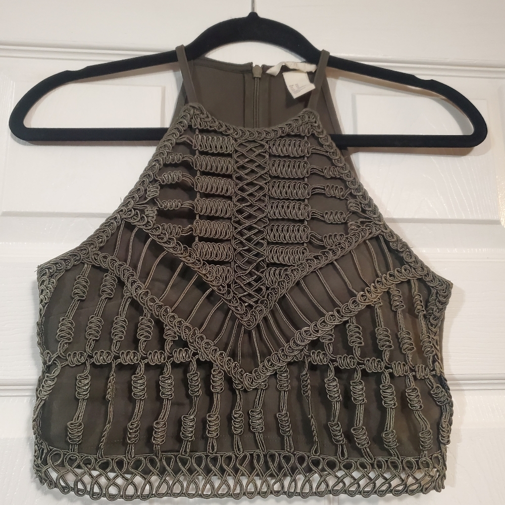 H&M dark olive green woven racerback crop top bohemian Daenerys Targaryen